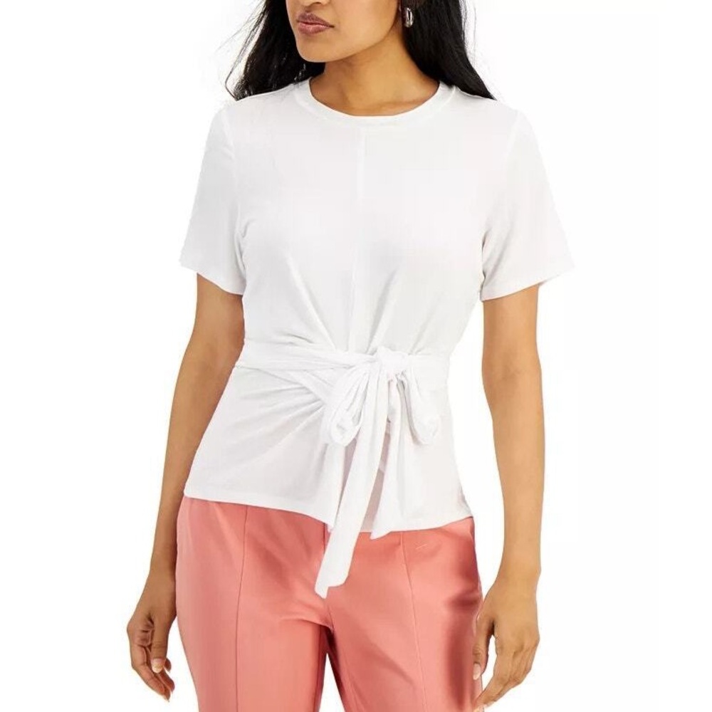 NWT ALFANI White Wrap-Front Short Sleeve Round Neck Top size PS